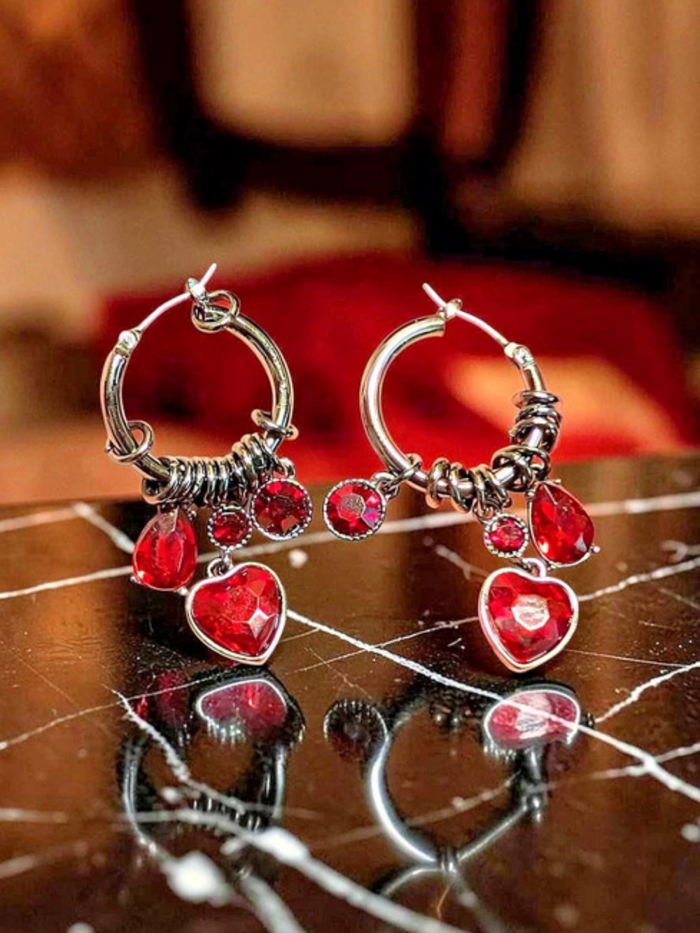 Simply Vera Vera Wang Red Heart Charm Hoop Earrings (New)
